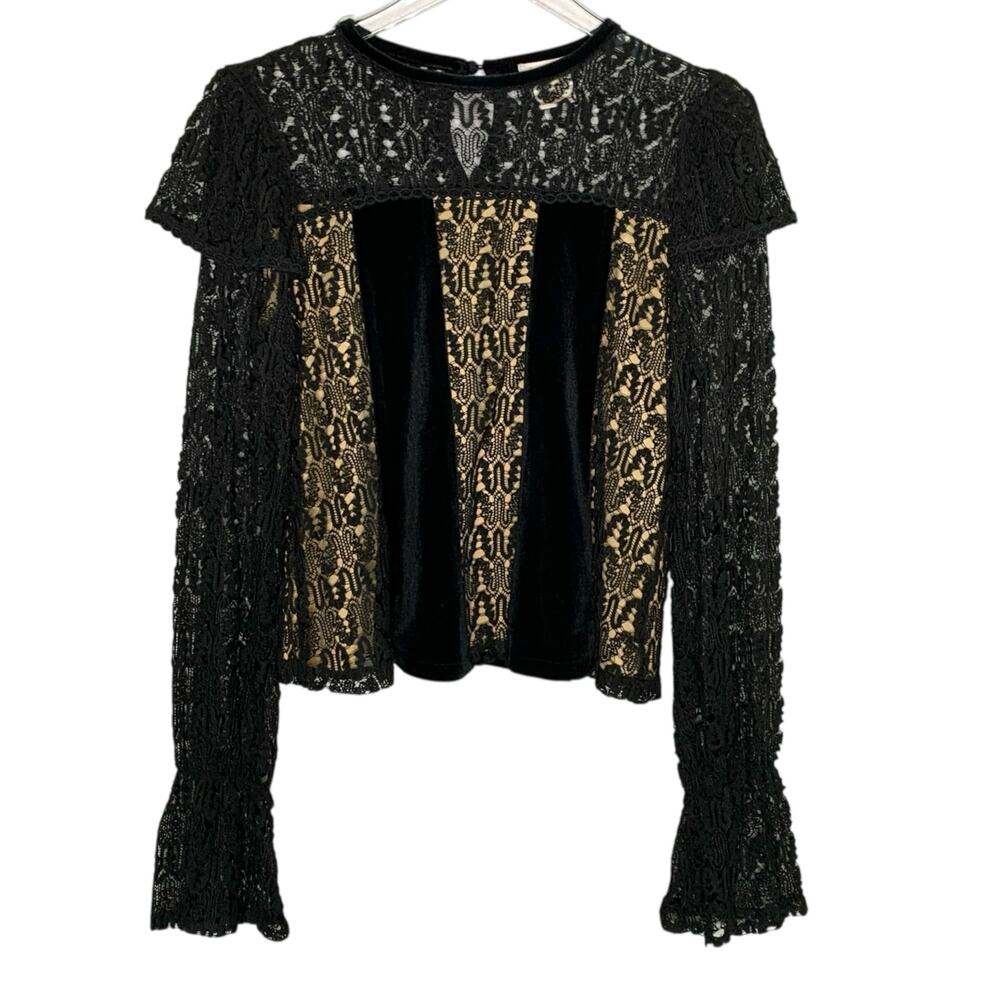 Foxiedox M Womens Black Lace Blouse Ruffle Long Sleeve Whimsygoth Feminine